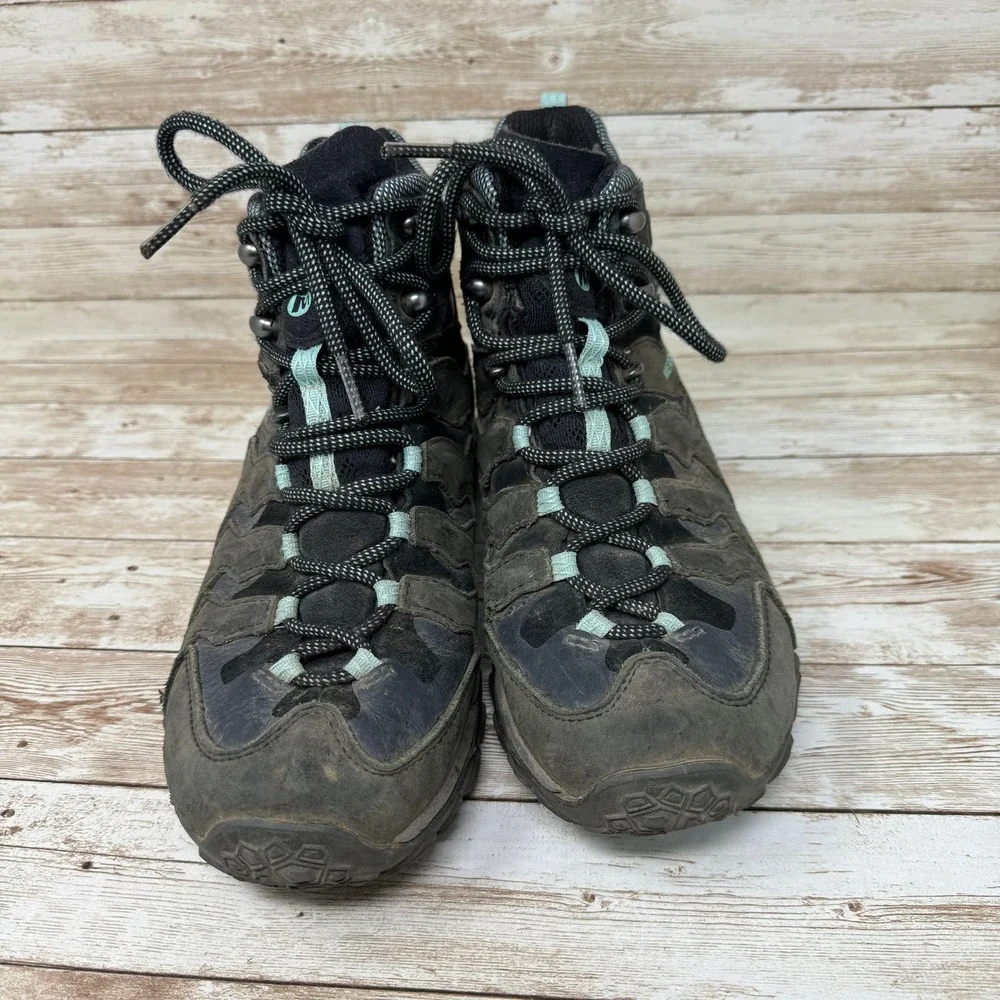 Merrell Mid Black Adventure Black Outdoor Trail Hiking Boots Women's 7.5 Green - Picture 2 of 8